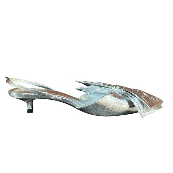 NWT Zara Silver Metallic Bow EU 38 Pointed Toe Slingback Kitten Heel - Picture 8 of 11